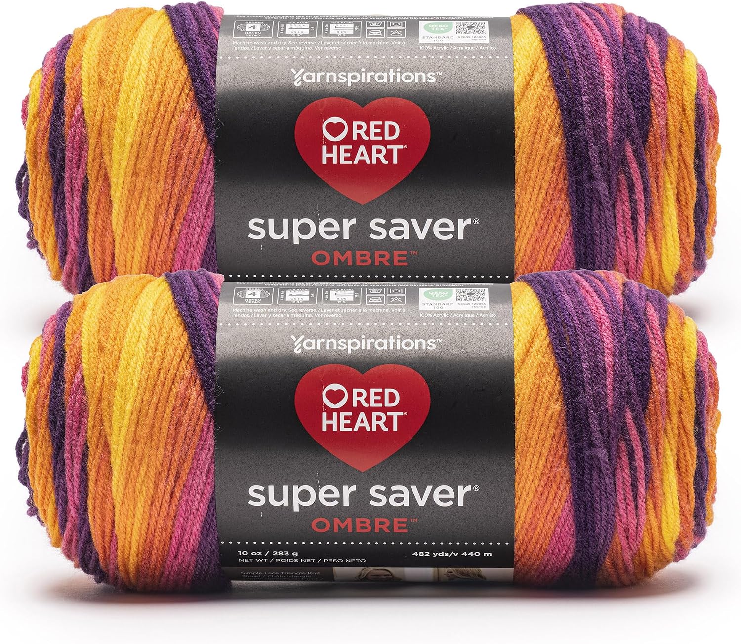 Red Heart Super Saver Ombre Yarn for Crocheting, Sunset, 2-Pack