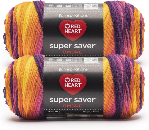 Red Heart Super Saver Ombre Yarn for Crocheting, Sunset, 2-Pack