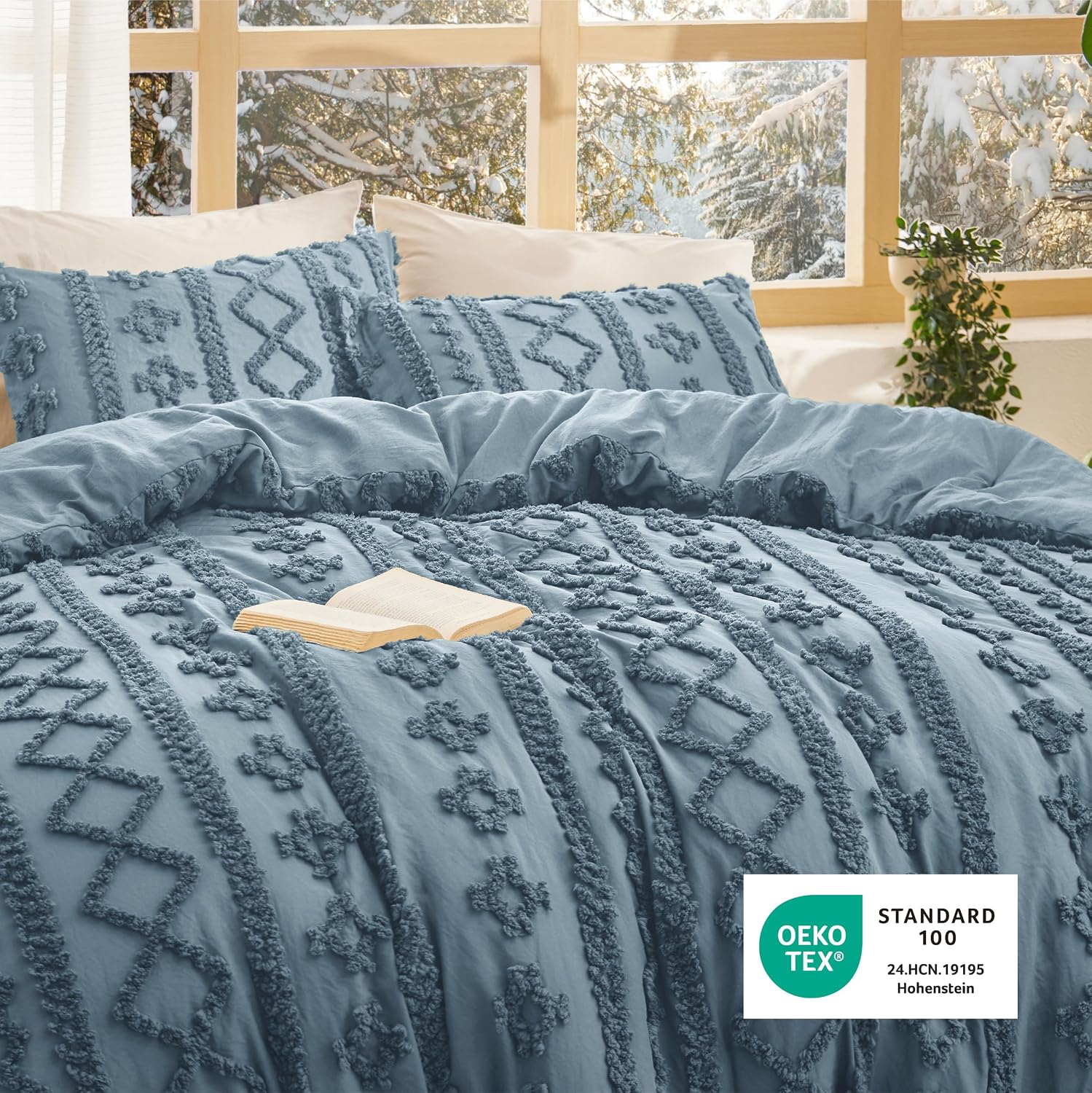 Bedsure Tufted Boho Comforter Set Queen Size - Dusty Blue Boho Bed Set, GentleSoft™ 3 Pieces Farmhouse-Style Embroidery Bedding, Gifts for Woman, Soft Jacquard Kids' Queen Comforter for All Seasons