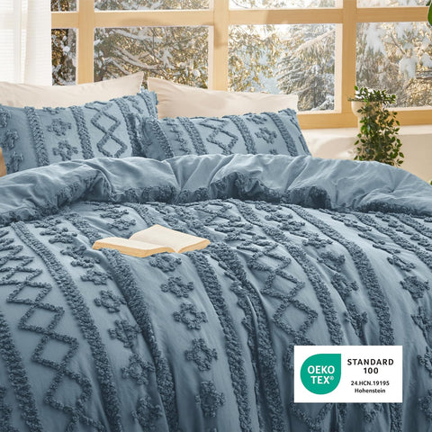Bedsure Tufted Boho Comforter Set Queen Size - Dusty Blue Boho Bed Set, GentleSoft™ 3 Pieces Farmhouse-Style Embroidery Bedding, Gifts for Woman, Soft Jacquard Kids' Queen Comforter for All Seasons