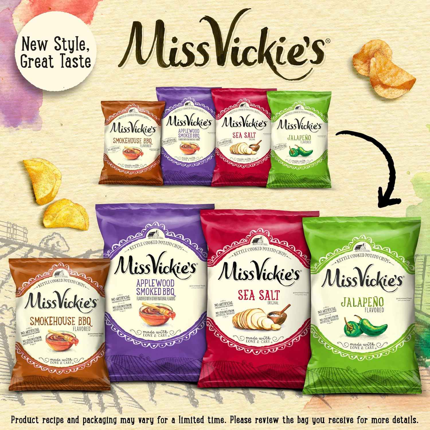 Miss Vickie's Kettle Cooked Potato Chips, Jalapeno, 1.375 Ounce (Pack of 64)