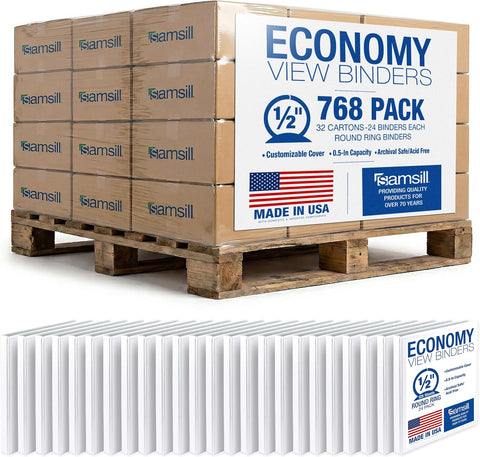 Samsill Economy 0.5 Inch 3 Ring Binder Bulk Pallet, Round Ring Binder, Customizable Clear View Cover, White, Pallet of 768 Binders in 32 Cartons