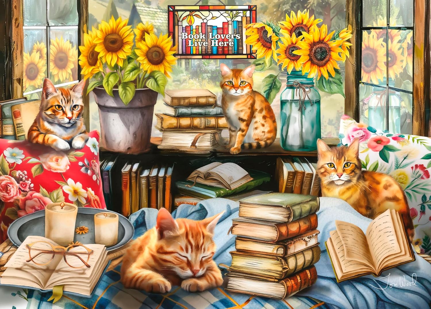 Ceaco - Book Lovers Live Here - Cats - 1000 Piece Jigsaw Puzzle for Adults