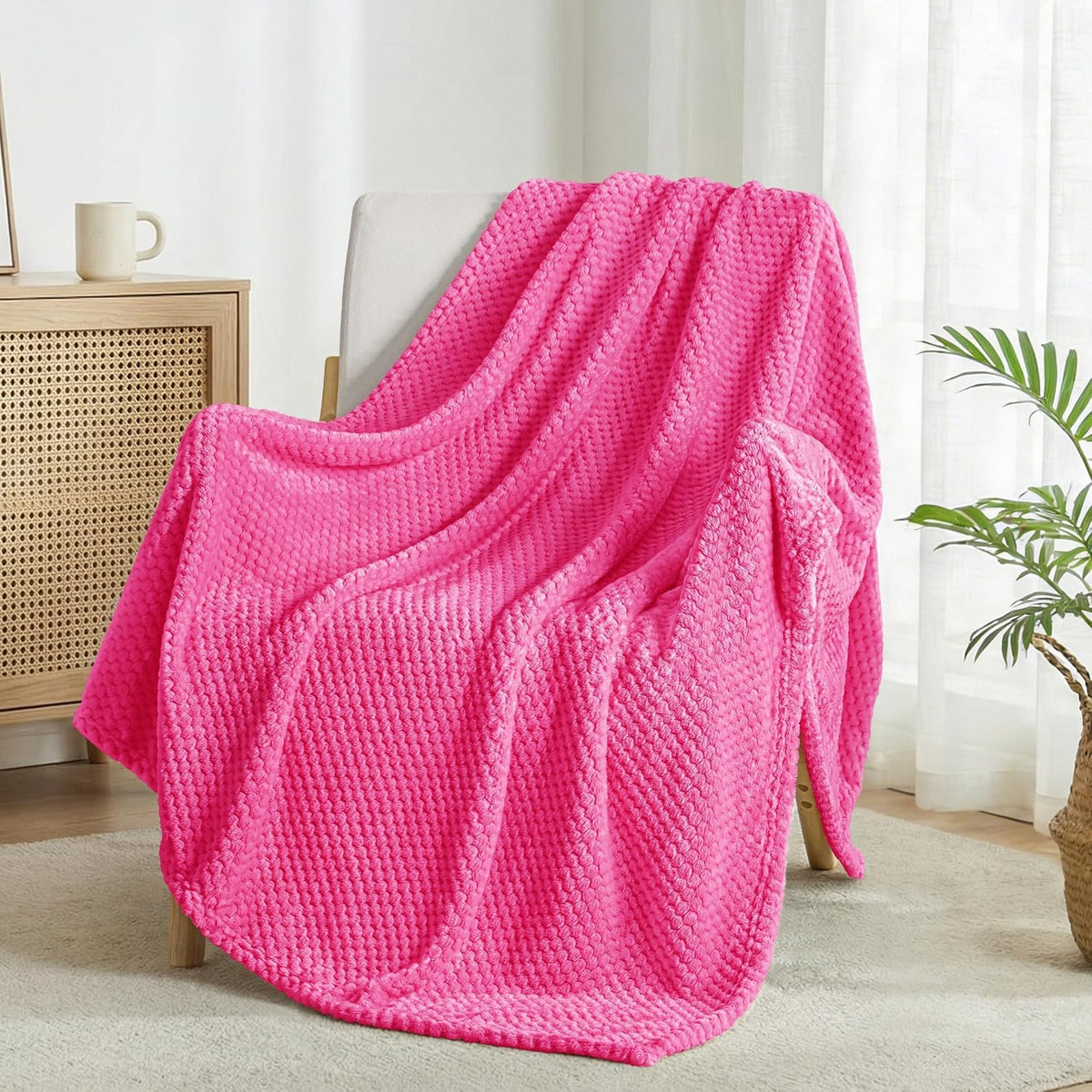 Exclusivo Mezcla Large Waffle Fleece Throw Blanket for Couch, Hot Pink