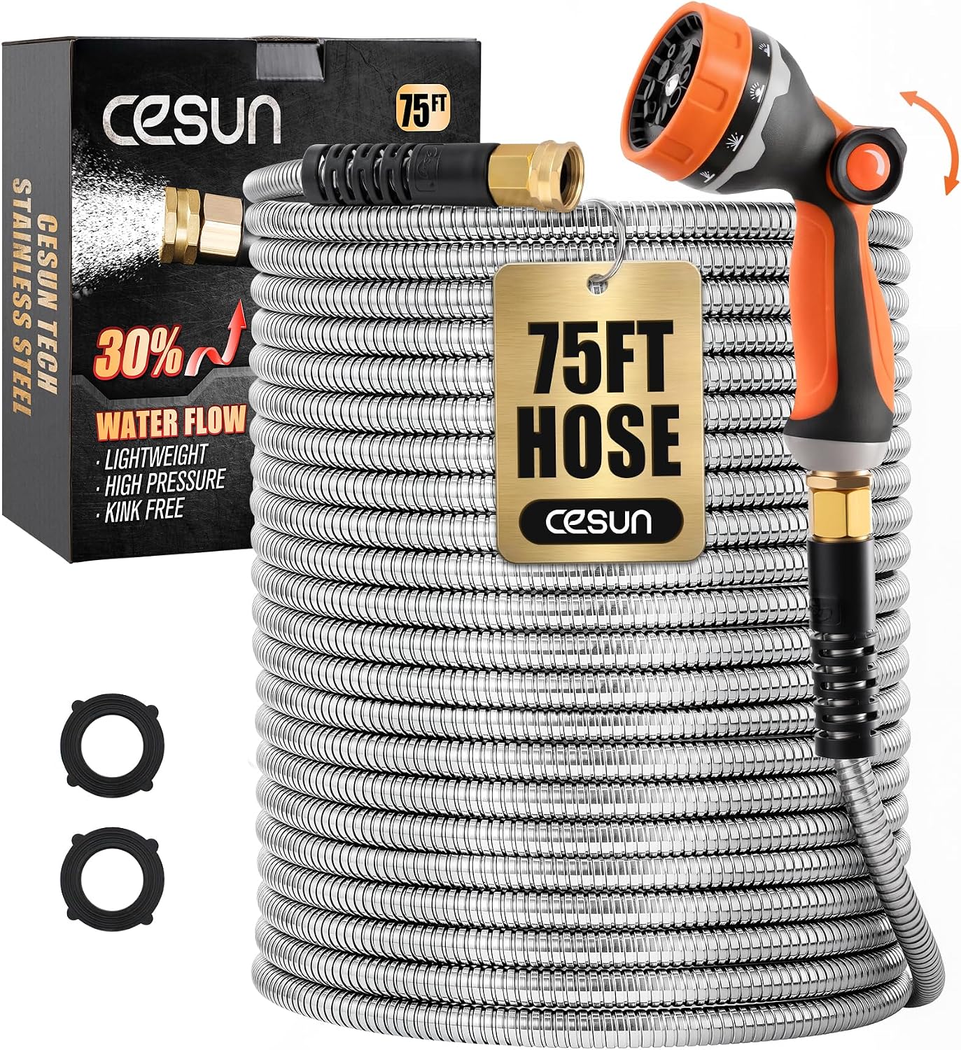 Cesun 75 ft Metal Garden Hose with 10 Function Nozzle, 75 foot x 5/8"