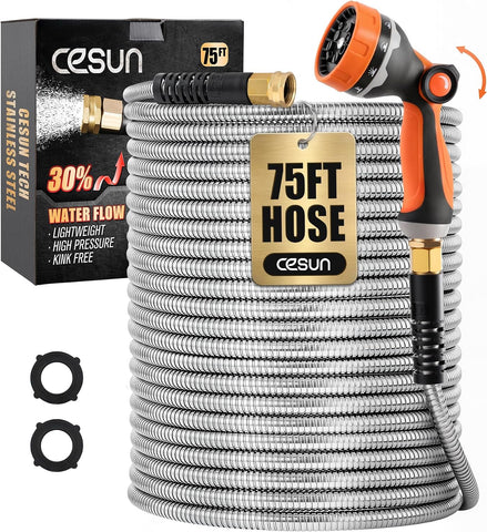 Cesun 75 ft Metal Garden Hose with 10 Function Nozzle, 75 foot x 5/8"