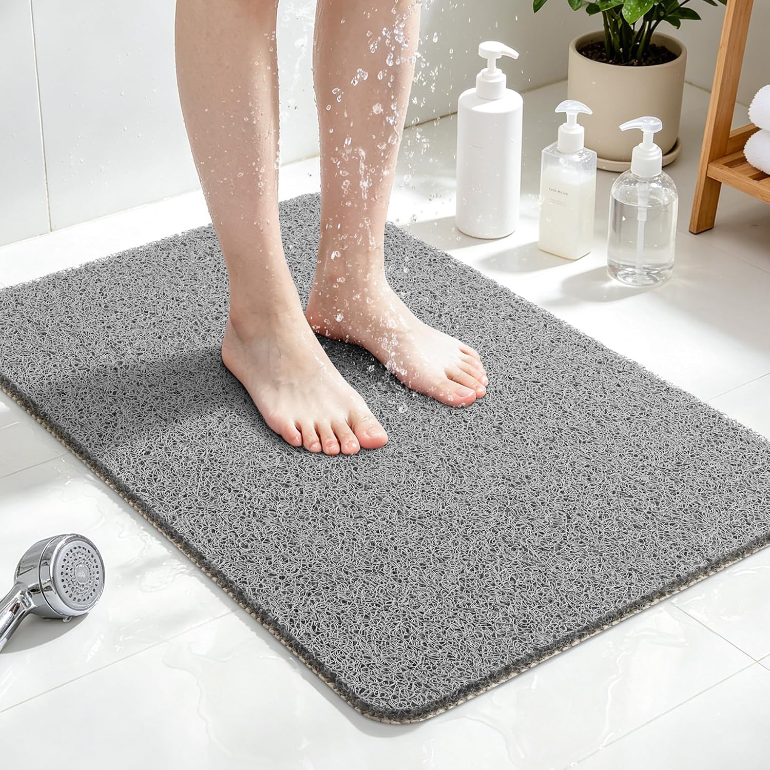 LuxStep Shower Mat Bathtub Mat,24x16 inch, Non-Slip Bath Mat with Drain, Quick Drying PVC Loofah Bathmat for Tub,Shower,Bathroom (Phthalate Free,Grey)