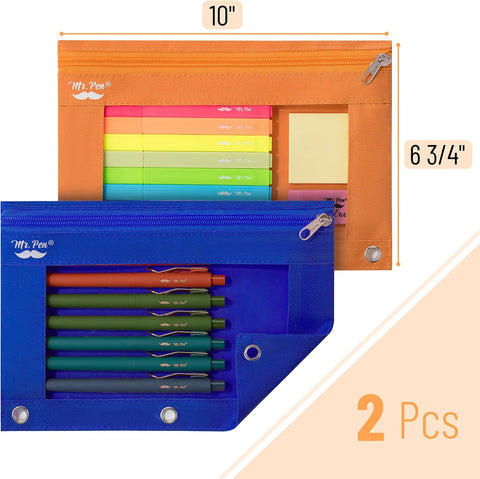 Mr. Pen- Pencil Pouch for 3 Ring Binder, 2 Pack, 10"x6.75", Smooth Zipper