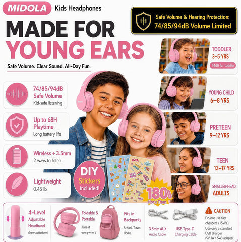 Kids Bluetooth Headphones Wireless 68 Hours,Safe Volume Limit 85/94dB Pink