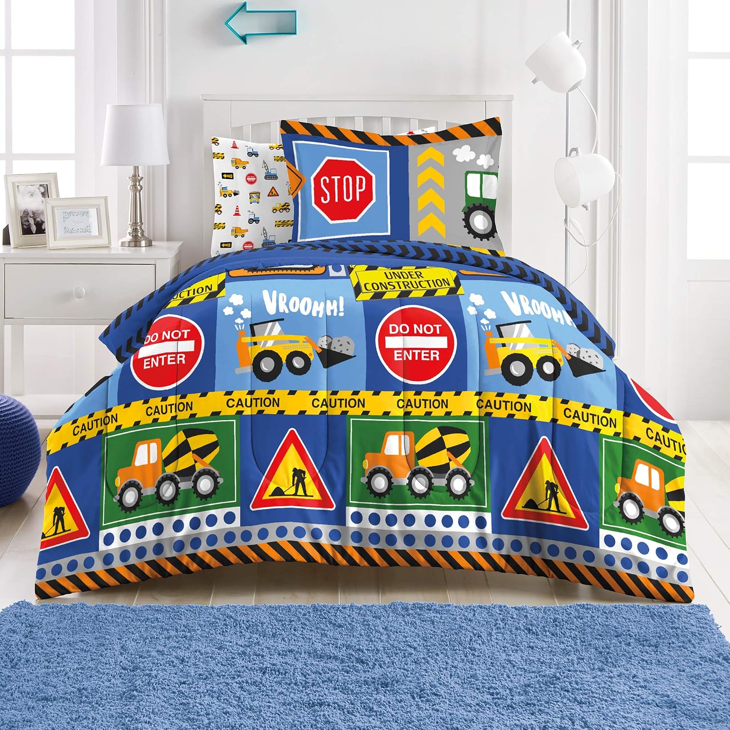 dream FACTORY Kids 5-Piece Complete Set Easy-Wash Super Soft Microfiber Comforter Bedding, Twin, Navy Blue Under Construction