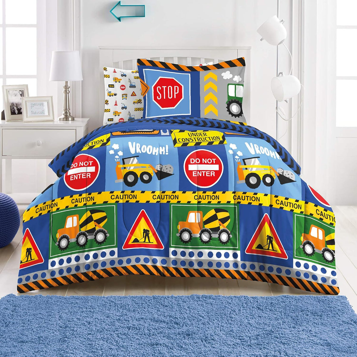 dream FACTORY Kids 5-Piece Complete Set Easy-Wash Super Soft Microfiber Comforter Bedding, Twin, Navy Blue Under Construction