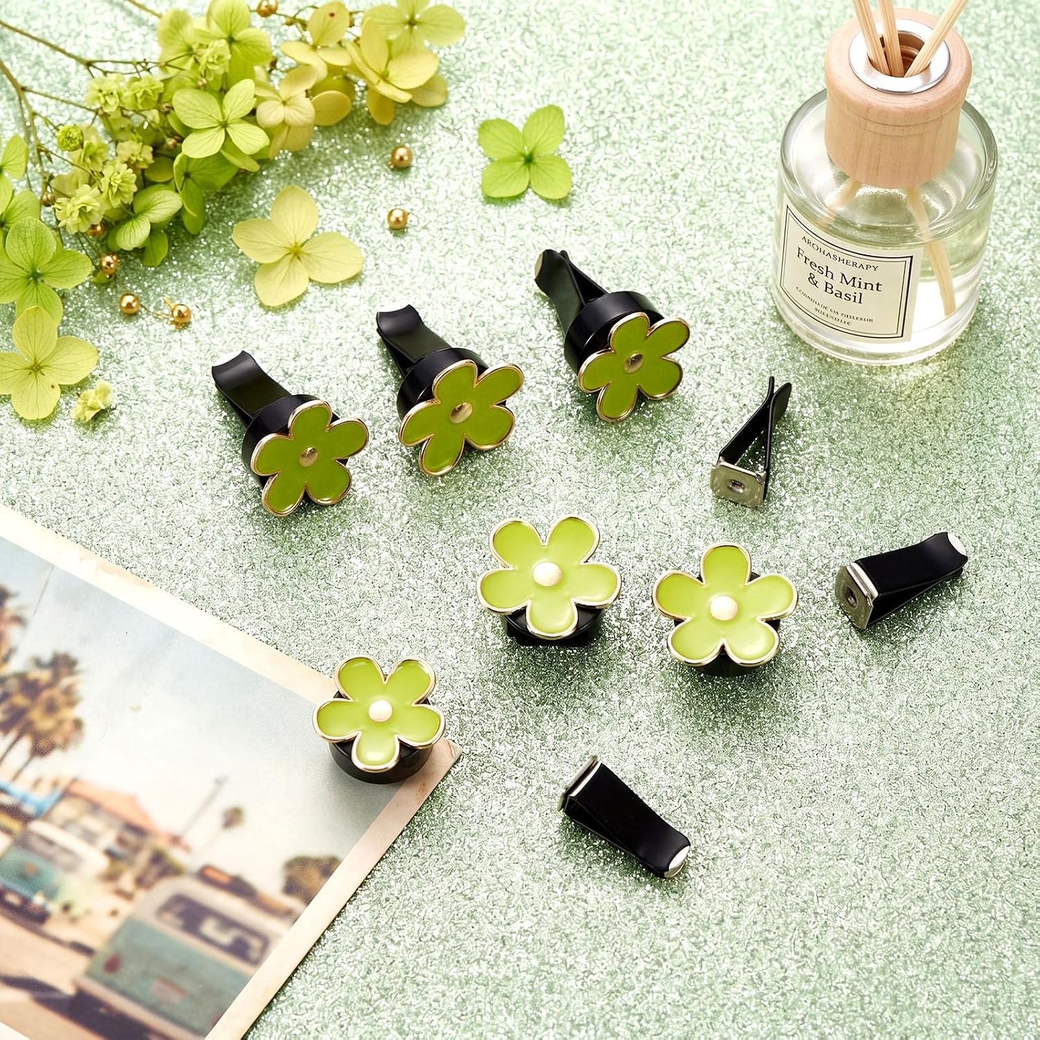 Frienda 6 Pcs Daisy Vent Clips for Car, 3/3.3 cm, Green