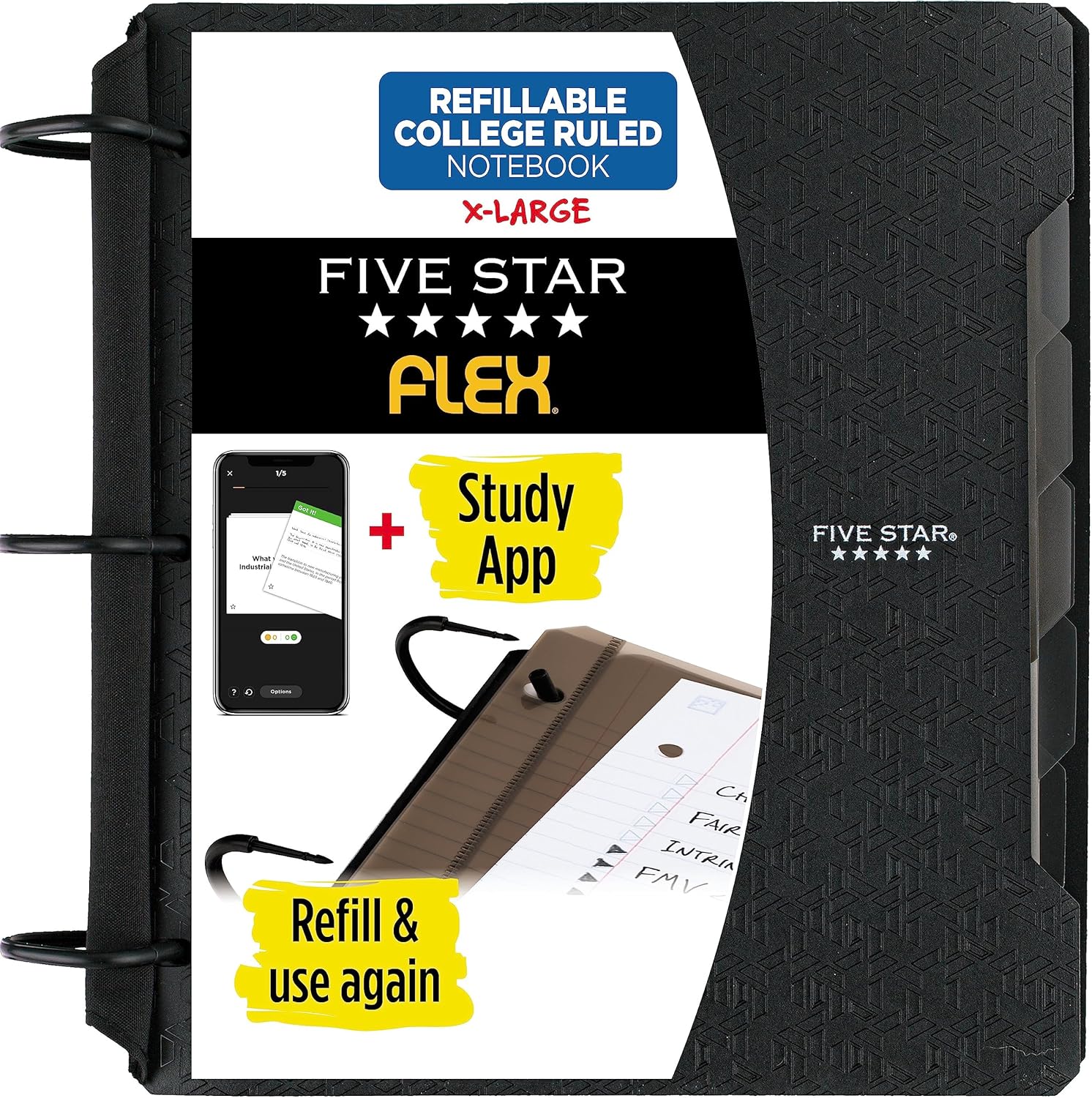 Five Star Flex Refillable Notebook + Study App, College Ruled Paper and 1-1/2 Inch TechLock Ring Binder with Pockets, Tabs and Dividers, 300 Sheet Capacity, Black (29324AA2)