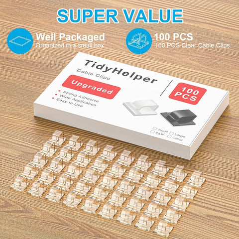 TidyHelper 100 PCS Cable Clips Adhesive, Large, Clear, Indoor/Outdoor