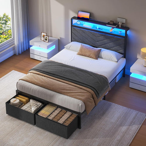 Fluest Twin Bed Frame with Storage Drawers, Upholstered Headboard with Charging Station, LED Lights, Fabric Drawers with Wheels, Under Bed Storage, No Box Spring Needed, Easy Assembly, Grey