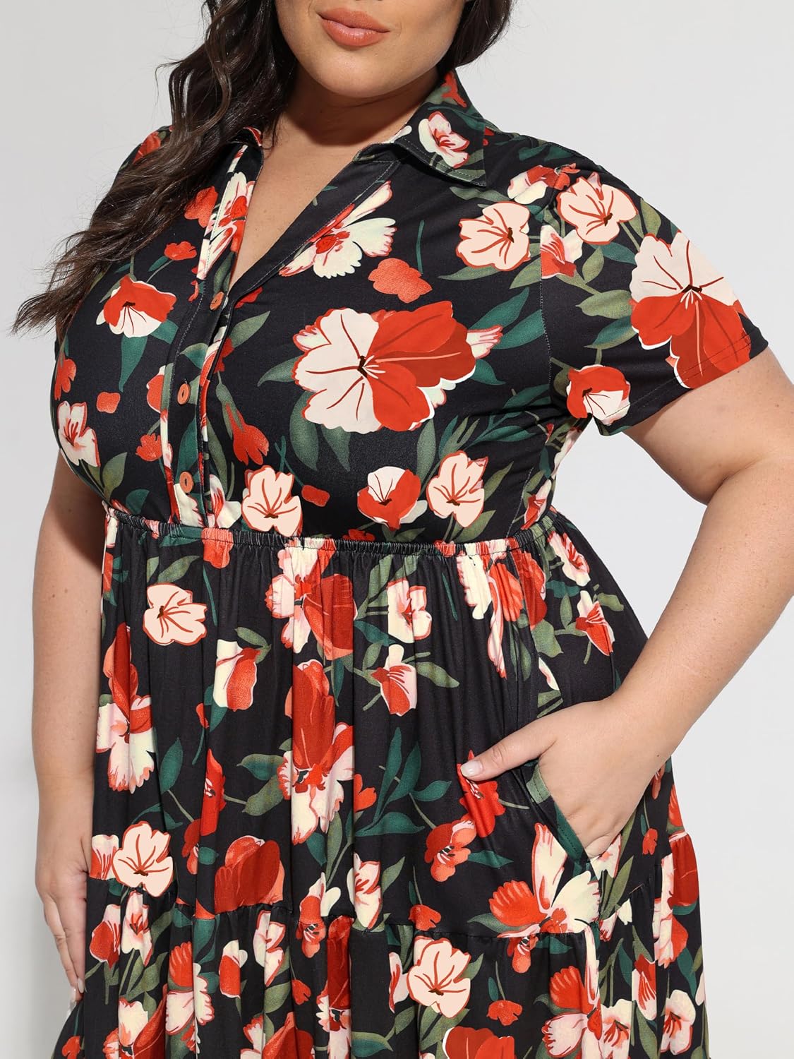 CARCOS Plus Size Dresses for Curvy Women Collared Vneck Short Sleeve Dresses Midi Summer Ruffle Dress with Pocket XL-5XL