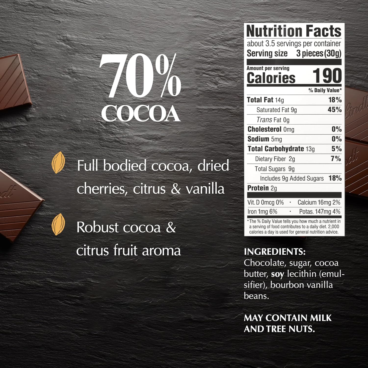 Lindt EXCELLENCE 70% Cocoa Dark Chocolate Candy Bar, 3.5 oz., 12 Pack