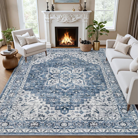 5x7 Area Rugs Living Room: Washable Vintage Rug for Bedroom Blue