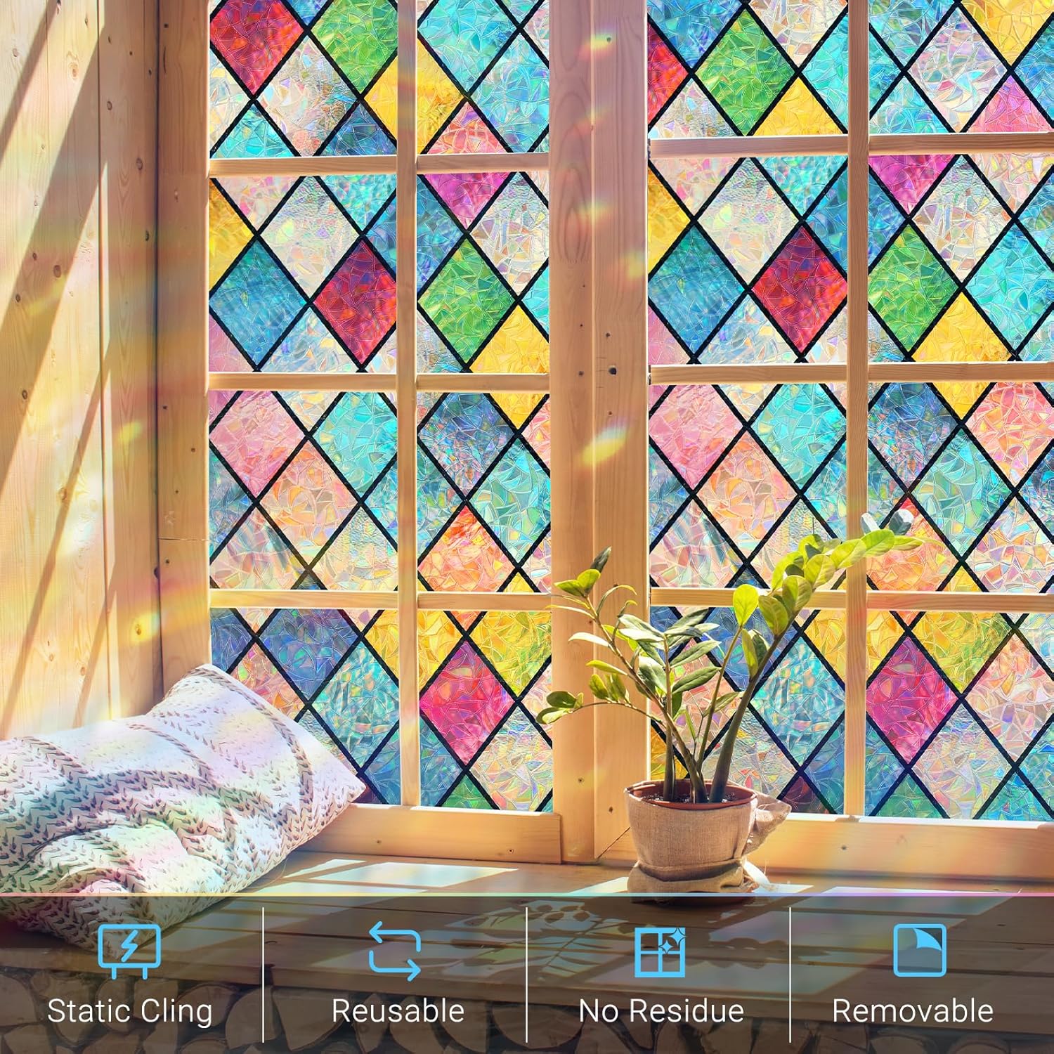 Haton Stained Glass Window Film, Rainbow Lattice Stickers, 29.5" x 157.4"