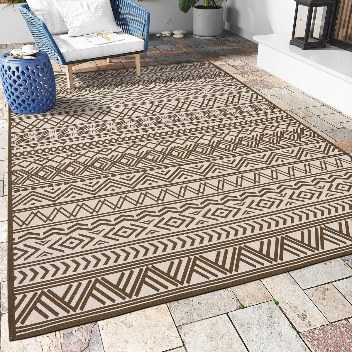 Outdoor Rug Carpet 4x6 ft, Flatweave Textured Outdoor Patio Rug Non Slip Indoor Outdoor Rugs with Rubber Particles Backing Boho Outdoor Area Rug for Patio Deck Front Porch Backyard Balcony, Brown