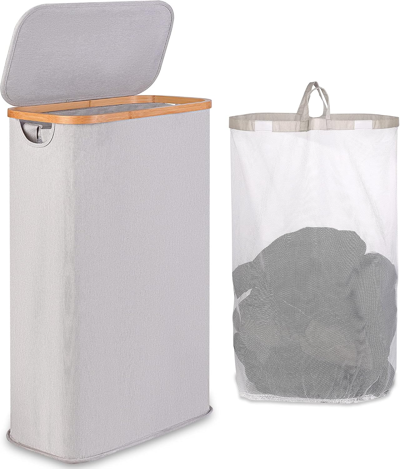 65L Slim Laundry Hamper, Narrow Laundry Basket with Lid,Foldable Clothes Hamper with Bamboo Handles,Hamper Basket with Removable Inner Bag for Laundry Room Bedroom College Dorm,17.17 Gals（Light Grey）