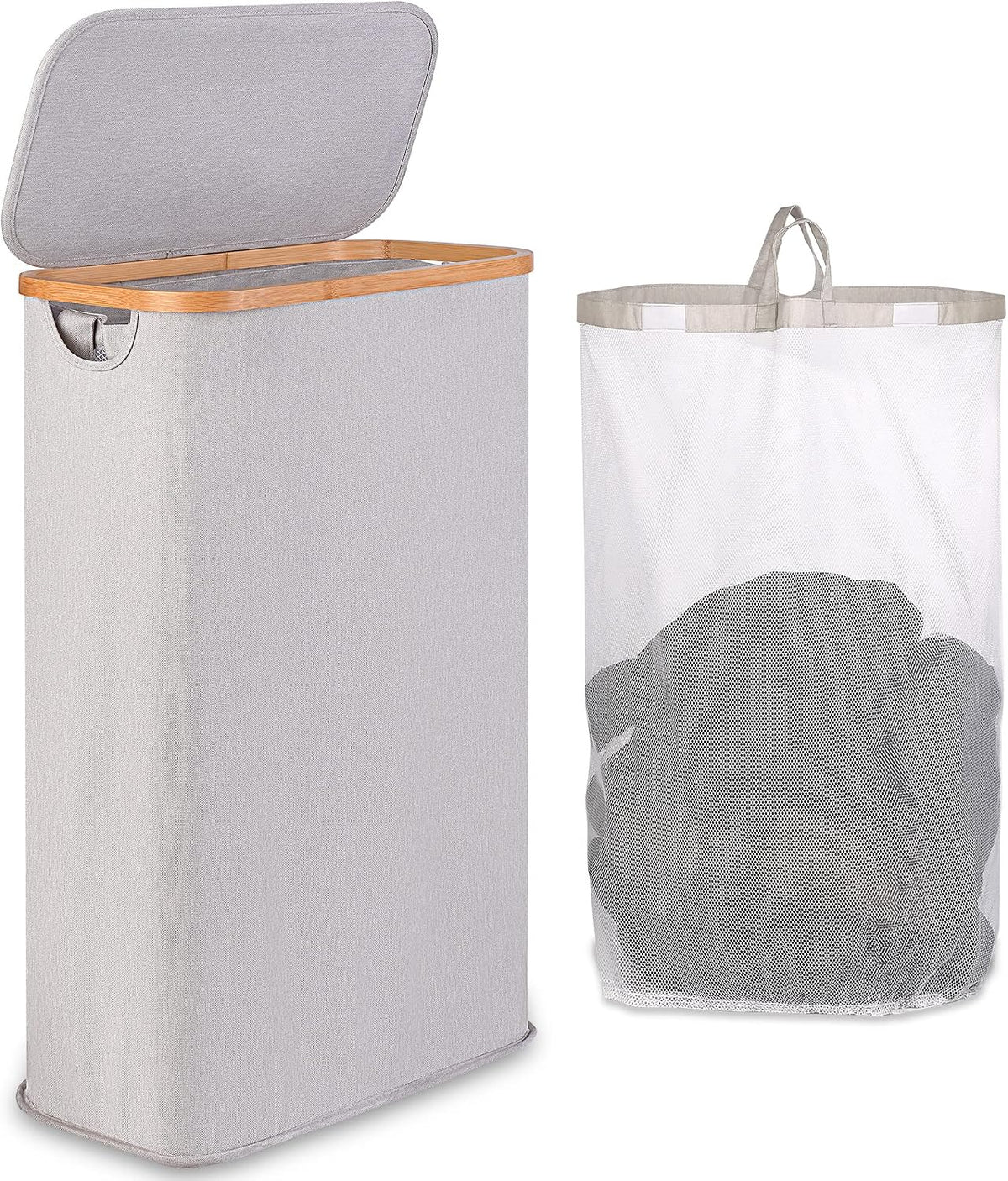 65L Slim Laundry Hamper, Narrow Laundry Basket with Lid,Foldable Clothes Hamper with Bamboo Handles,Hamper Basket with Removable Inner Bag for Laundry Room Bedroom College Dorm,17.17 Gals（Light Grey）