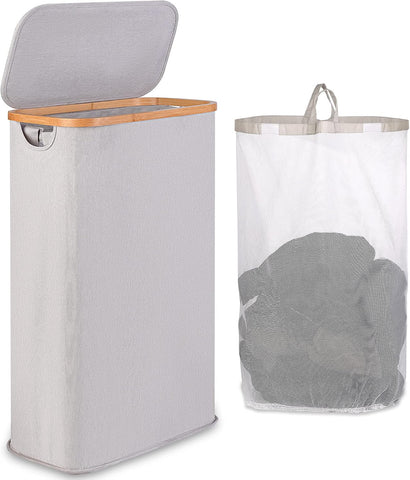 65L Slim Laundry Hamper, Narrow Laundry Basket with Lid,Foldable Clothes Hamper with Bamboo Handles,Hamper Basket with Removable Inner Bag for Laundry Room Bedroom College Dorm,17.17 Gals（Light Grey）