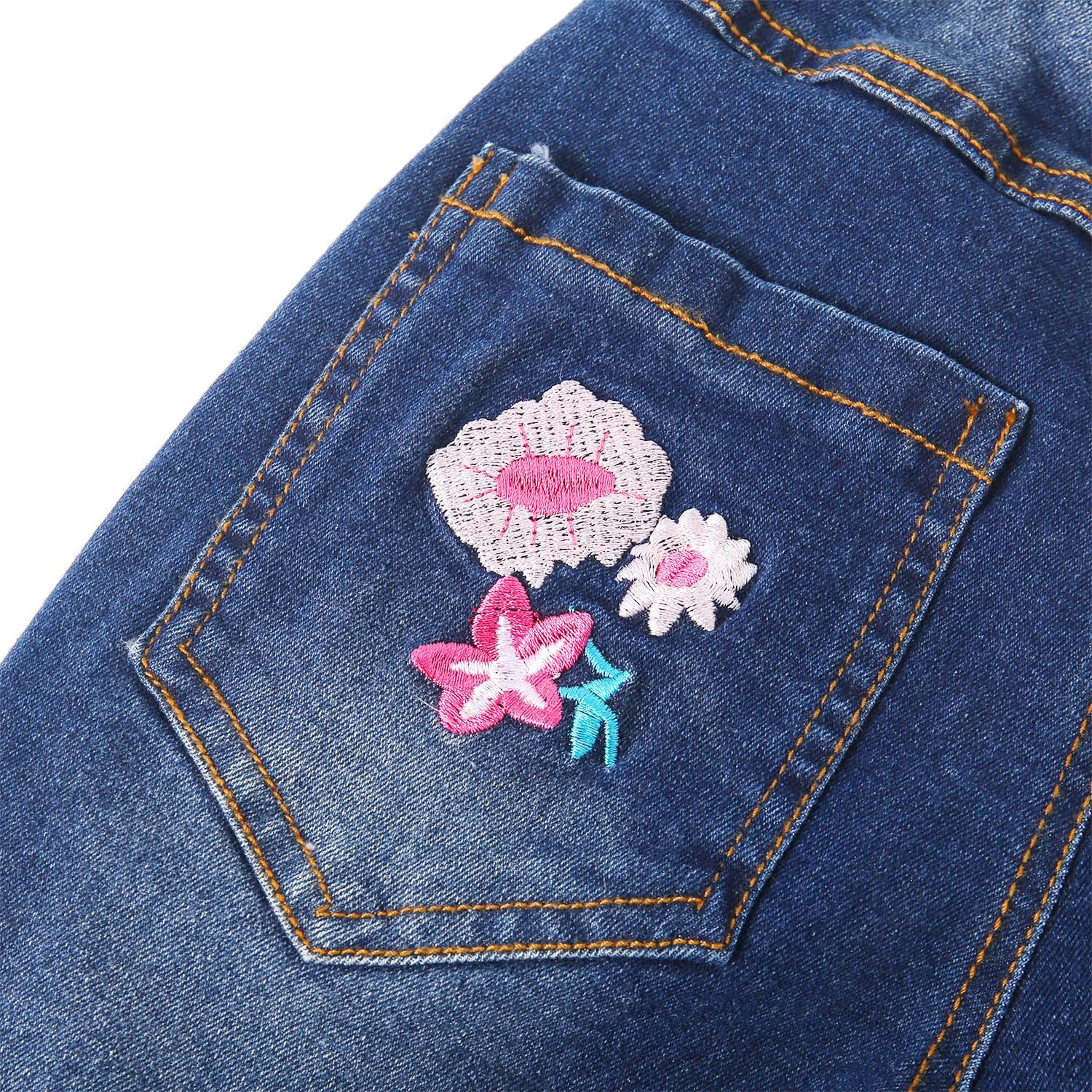 KIDSCOOL Girls Embroidered Jeans,4-15T Ribbed Elastic Waist Denim Pants