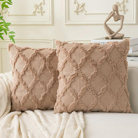 Set of 2 Soft Moroccan Throw Pillow Covers 24x24 Inch Plush Boho Decorative Pillow Cover Accent Cushion Case for Couch Sofa Bed, Light Brown
