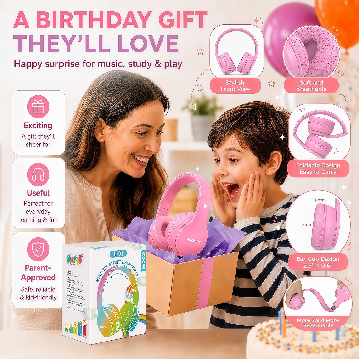 Kids Bluetooth Headphones Wireless 68 Hours,Safe Volume Limit 85/94dB Pink