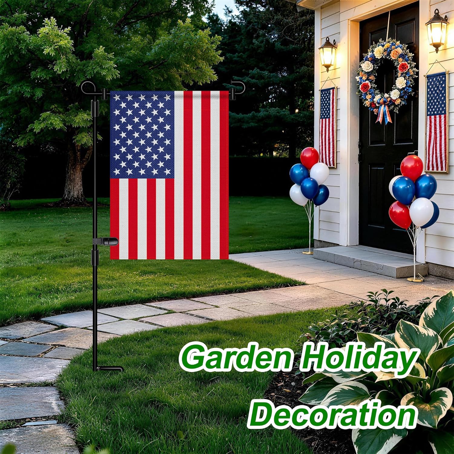 HOOSUN Garden Flag Stand,Premium Garden Flag Holder Pole Metal Powder-Coated Weather-Proof Paint with Graden Flag Clip and Spring Stoppers Without Flag Garden Decorations