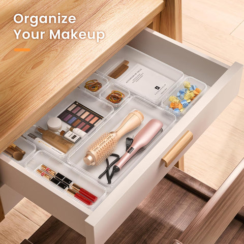 A-LuGei 【Military Grade】 Drawer Organizer, 【𝟱𝗦𝗶𝘇𝗲】 Makeup organizer, 【Holds 177 Items】 Bathroom Organizers and Storage, Organization and Storage, Desk Drawer Organizer for Vanity 【Clear】