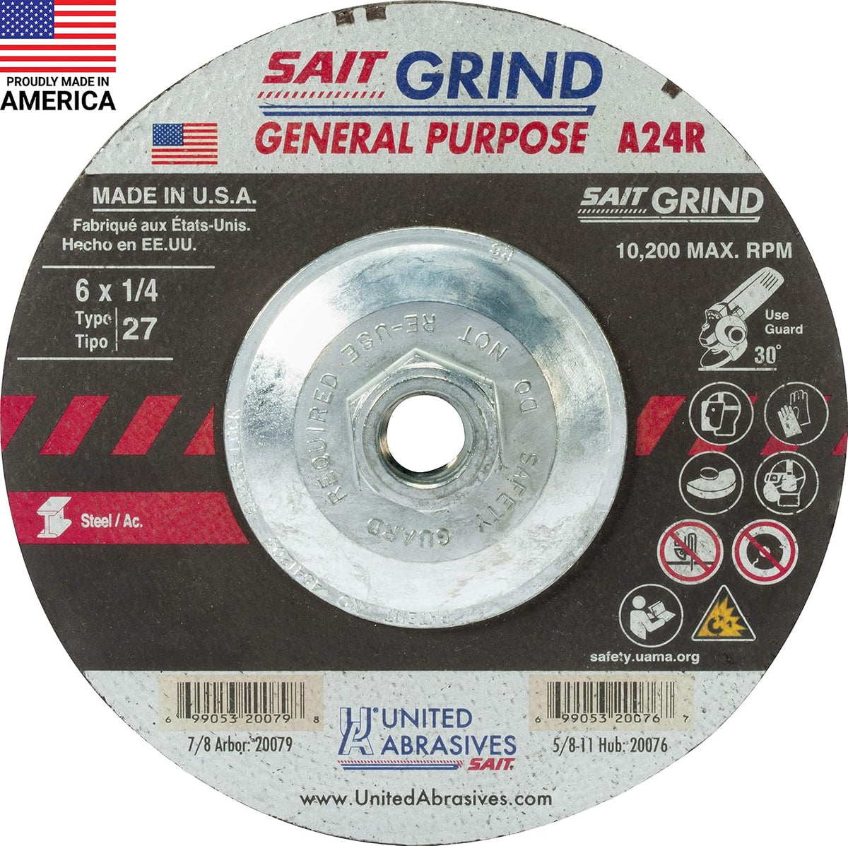 United Abrasives-SAIT 20076 A24R General Purpose/Long Life Grinding Wheel (Type 27/Depressed Center) 6" x 1/4" x 5/8-11", 10-Pack