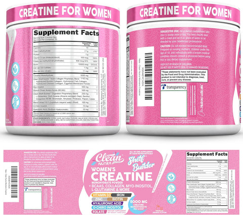 Creatine for Women | Creatine Monohydrate + BCAA Powder Myo-Inositol Collagen Biotin Hyaluronic Acid Folate L Glutamine Vitamin D3 Iron Zinc D-Chiro-Maca Digestion Shelf Builder By Clean Nutra