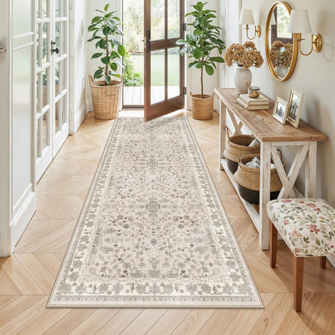 3x7 Washable Non-Slip Kitchen Runner Rug – Soft Low-Pile Stain-Resistant Carpet for Hallway Entryway Bedroom Laundry Room Bathroom – Boho Floral Wide Floor Runner with Rubber Backing (Beige,3x7)