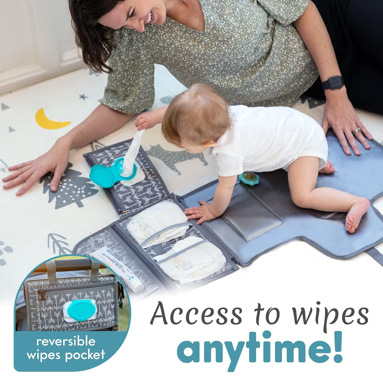 Kopi Baby Portable Diaper Changing Pad, Wipes Pocket, Premium Grey Arrows