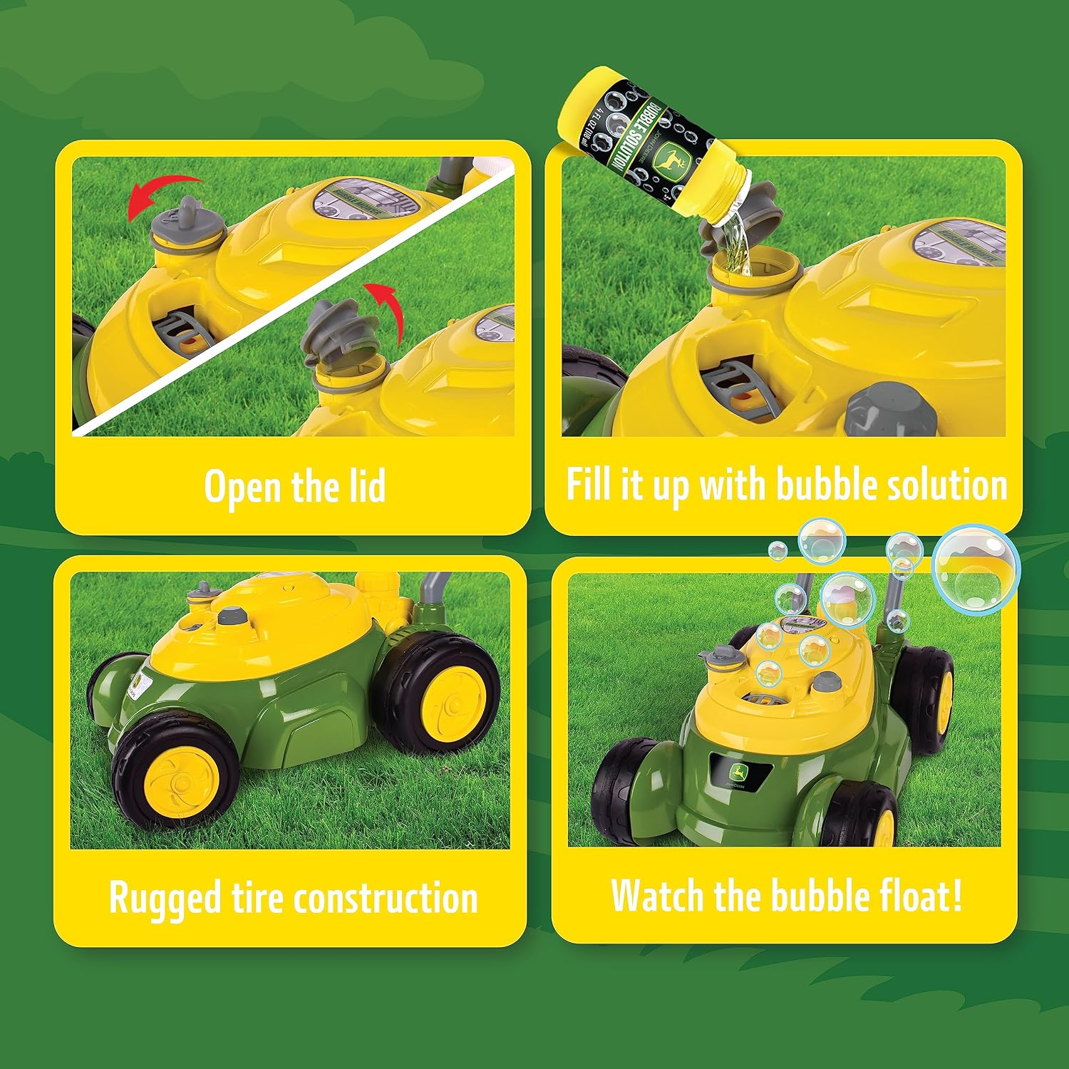 John Deere Bubble Lawn Mower for Toddlers, Bubble Blowing Machines, Indoor and Outdoor Gardening Toy, Birthday, Party Favor for Preschool Girls and Boys, No Batteries Required, 2+