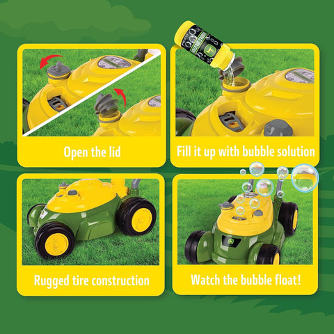 John Deere Bubble Lawn Mower for Toddlers, Bubble Blowing Machines, Indoor and Outdoor Gardening Toy, Birthday, Party Favor for Preschool Girls and Boys, No Batteries Required, 2+