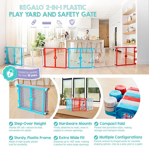 Regalo Safety 192-Inch Super Wide Baby Gate and Play Yard, 2-in-1 Convertible Plastic Baby Gate, Extra Wide Safety Barrier, Hardware Mounted, Adjustable Panels for Openings, Ages 6–24 Months