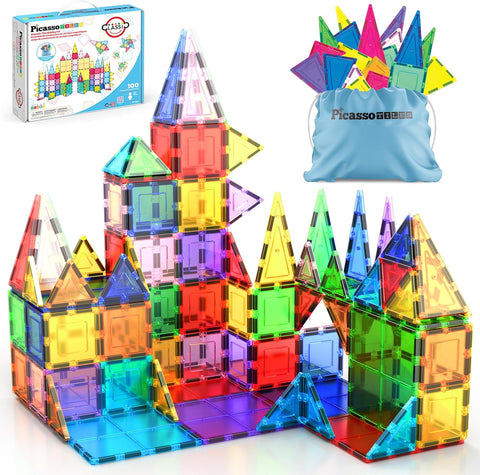 PicassoTiles 100 Piece Magnetic Tiles, Clear 3D Building Blocks for Kids 3+