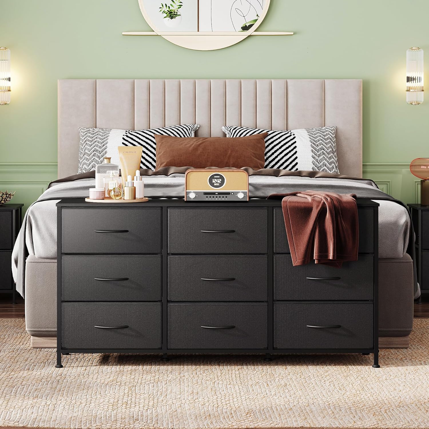 WLIVE Dresser TV Stand for 55 Inch TV, 9 Drawer Dresser for Bedroom, Black
