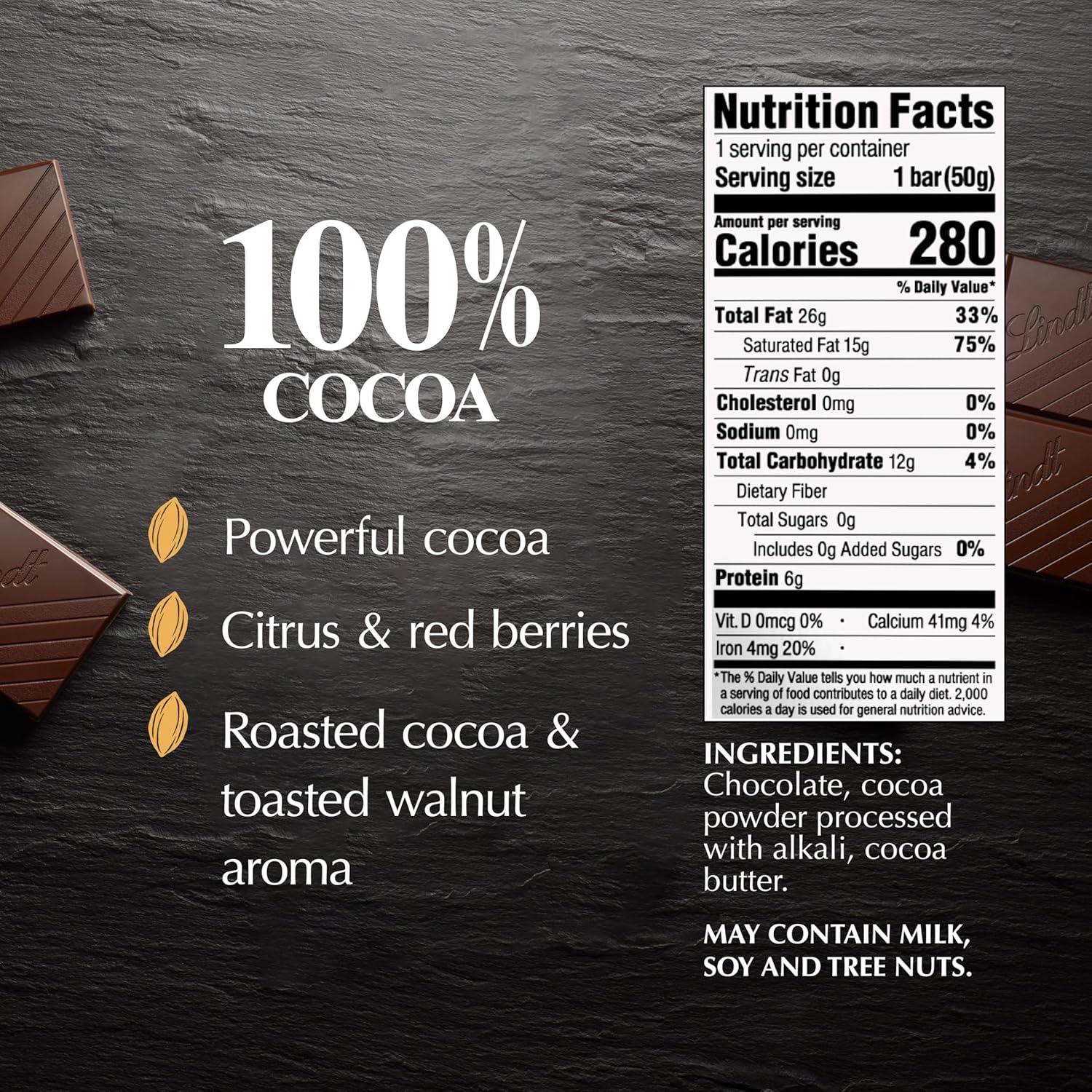 Lindt EXCELLENCE 100% Cocoa Dark Chocolate Bar, Dark Chocolate Candy, 1.7 oz. (18 Pack)