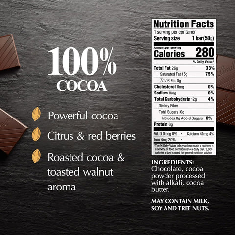 Lindt EXCELLENCE 100% Cocoa Dark Chocolate Bar, Dark Chocolate Candy, 1.7 oz. (18 Pack)