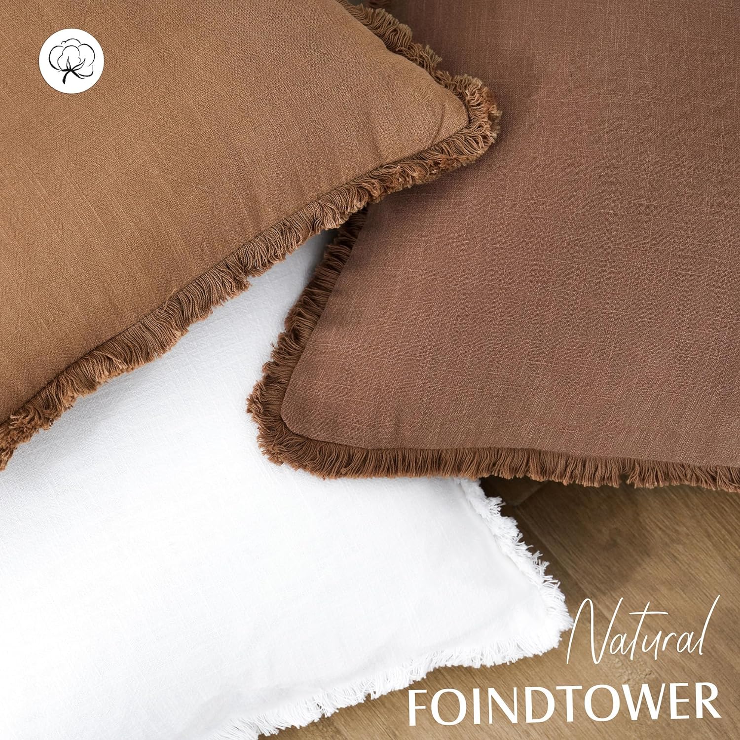 Foindtower Decorative Linen Fringe Throw Pillow Covers 16×16 Inch,Rust