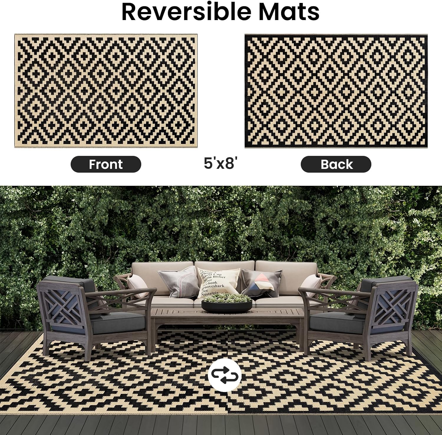 Smiry Outdoor Rug 5x8 ft Waterproof Reversible Boho Mat, Black & Beige