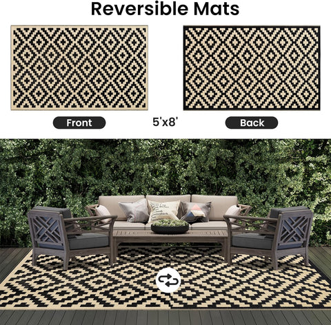Smiry Outdoor Rug 5x8 ft Waterproof Reversible Boho Mat, Black & Beige