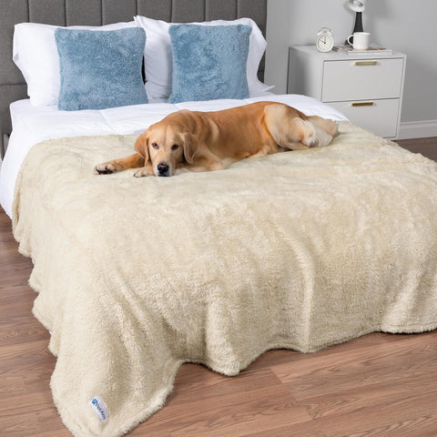 PetAmi Fluffy Sherpa Waterproof Dog Blanket for Pet Cat Queen 90x90, Beige