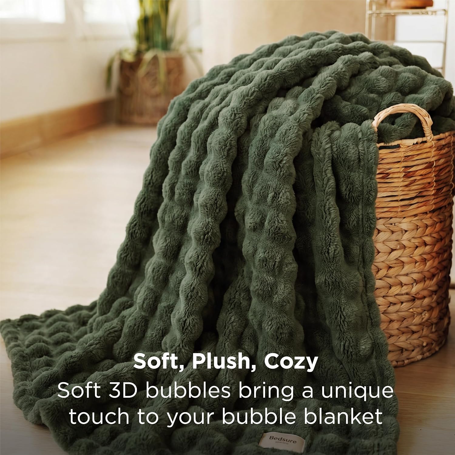 Bedsure 3D Fleece Bubble Blanket for Couch - GentleSoft Green Throw Blanket for Sofa Bed Room Decor - Luxury Soft Cozy Gifts for Women, Lightweight, All Seasons, Olive Green, 50"×60"