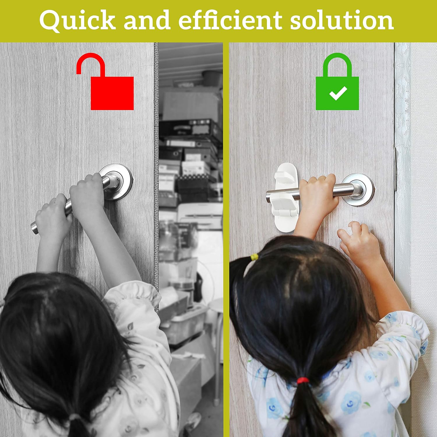 Door Lever Lock (6 Pack) Prevents Toddlers from Opening Doors. 3.25" L * 1.5" W * 4.5" H Easy One Hand Operation for Adults. Durable ABS with 3M Adhesive Backing. Simple Install, No Tools Needed.