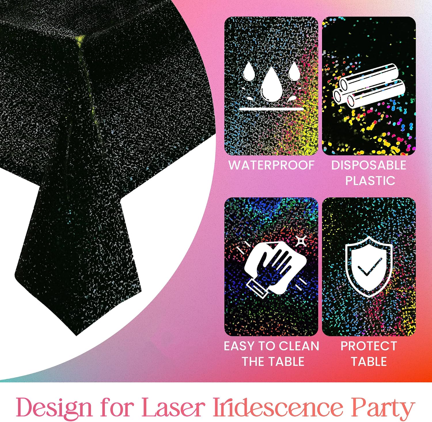 2 Pcs Black Holographic Laser Tablecloth Galaxy Space Table Cloth 40 * 108 Inch Shimmer Star TableCover for Halloween Birthday Graduation Neon Party Supplies Disposable Plastic Foil Table Decor